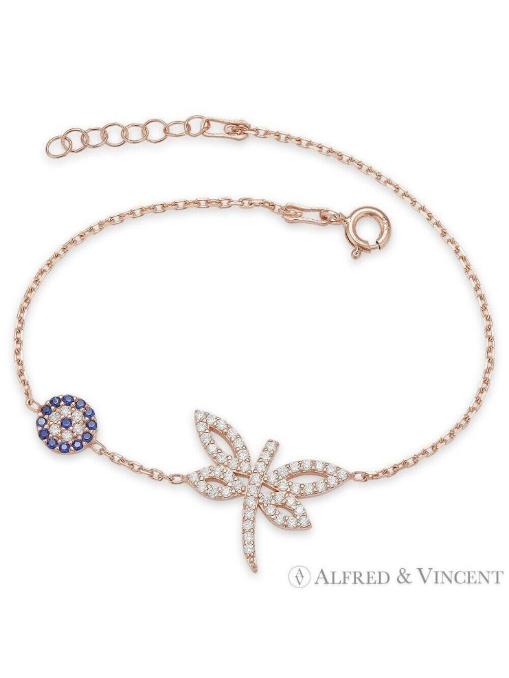 Dragonfly & Evil Eye Nazar Charm Bracelet CZ Crystals in .925 Sterling Silver